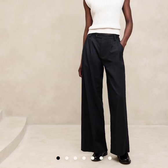 Banana Republic Pleated Wide Leg Linen Cotton Blend Trouser Pant Black 14 Petite - Picture 1 of 12